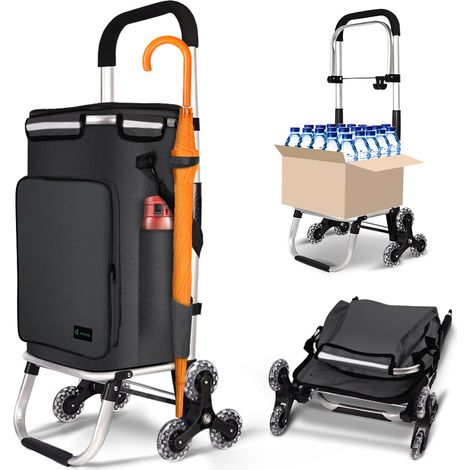 VOUNOT® Aluminium Einkaufstrolley Treppensteiger, Trolly Einkaufswagen Klappbar mit Haken 6 Räder, Schwarz