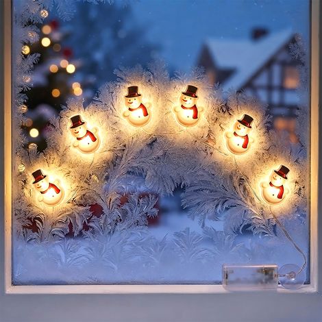 LED Schneemann Fensteraufkleber Lichterkette 100 cm mit Timer - 6 LED - Weihnachtslichterkette mit selbsthaftenden Figuren