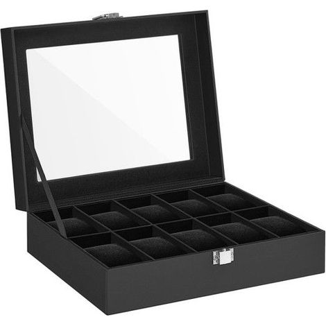 10 emplacements Boîte à montres, couvercle en verre, revêtement PU noir, pour collection de montres jusqu'à 48 mm, rangement élégant (1/5)
