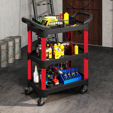 Carro de herramientas con 3 niveles (81x43x96 cm), con asas laterales, 4 ruedas universales, plástico negro (1/5)