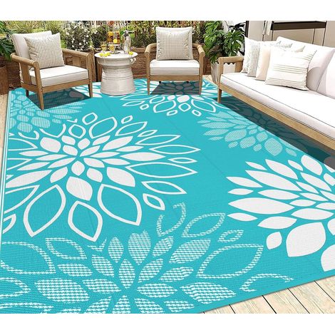 Tapis Exterieur Resistant Pluie Réversible, Tapis Exterieur Terrasse Camping Plastique Léger, Résistant Aux UV Moquette Exterieur pour Balcon Jardin, Fleurs Vert Turquoise, 180 X 270 cm (1/5)