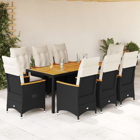 Ensemble de Jardin 9 Pièces avec Coussins  Table en Bois d'Acacia et Chaises Inclinables en Rotin PE Noir (1/5)