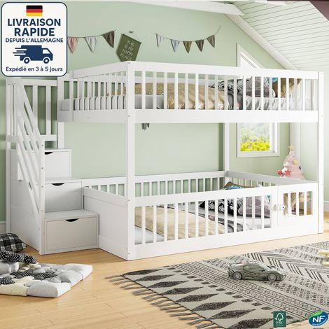 MODFU - Letto per bambini in legno 140×200cm 2 persone, letto a castello per adulti con scaletta contenitore, letto singolo, anticaduta, senza materasso, bianco (1/5)