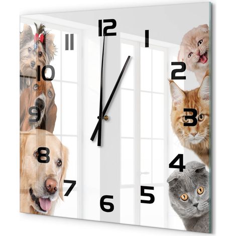 Grande Horloge Murale Carrée en Verre Trempé Silencieuse Design Moderne Salon Cuisine Chiens et chats 60x60 cm (1/5)