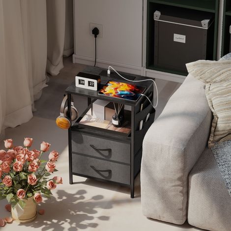 Table basse et table d'appoint avec station de charge, structure en acier, ports USB-C, tiroirs, crochets, 40 cm x 30 cm x 60 cm, noir. (1/5)