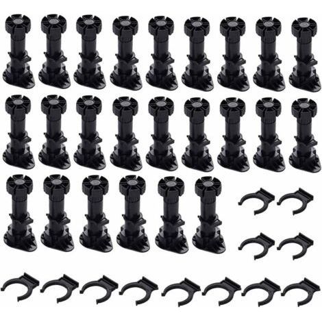 FENOPLASTICA24 Pièces Pieds D'Armoire Plastique,Pied de Meuble,Pied Réglable pour Meuble,Noir Pieds de Meuble Plastique avec Clip Fixation Base pour Meubles de Cuisine,Armoire et Canapé (80mm-100mm) (1/5)