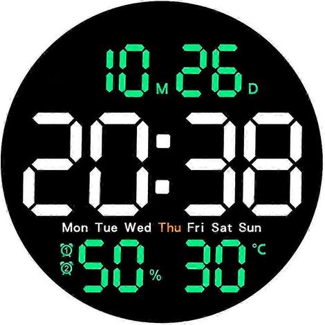 Horloge murale numérique de 10 pouces avec affichage de la température et de l'humidité, alarme à distance, affichage de la date et du jour de la semaine, fixation murale. (1/5)