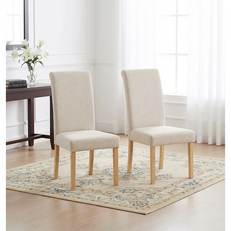 Hallowood Furniture Premium Roll Top Linen Fabric Cream Dining Chairs Set of 2 in Solid Wooden Legs, Modern Plain Back Neutral Upholstered Dining Chairs for Home, Restaurant or Café (1/5)