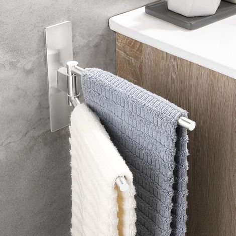 1 - Porte-serviettes - Acier inoxydable - Rotation 180° - Double barre - Sans perçage - Salle de bain - Argenté - 22cm (1/5)