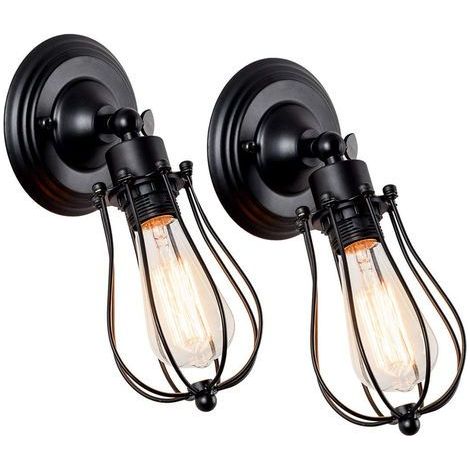 2 x Aplique de pared industrial metal hierro E27 (Negro)retro luz para casas de champagne y café (excepto bombillas LED) (1/4)
