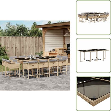 The Living Store Ensemble à manger de jardin coussins 13 pcs mélange beige rotin - Salon De Jardin - Meuble De Jardin - Set De Jardin - Table De Jardin - Chaises De Jardin