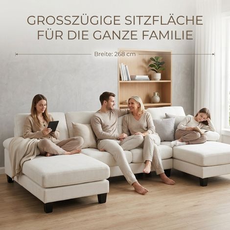 Canapé 4 places en U beige en chenille avec chaise longue. Dossier réglable convertible en lit d’invité pour salon et bureau.