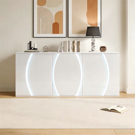 Credenza a LED 150x40x70 cm con 3 ante, mobile TV da soggiorno in legno bianco