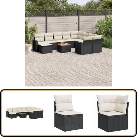 11-tlg. Garten-Sofagarnitur mit Kissen Schwarz Poly Rattan - Gartenmöbel - Esstischgarnituren - Lounge Möbel - Outdoor Furniture - Rattan Möbel