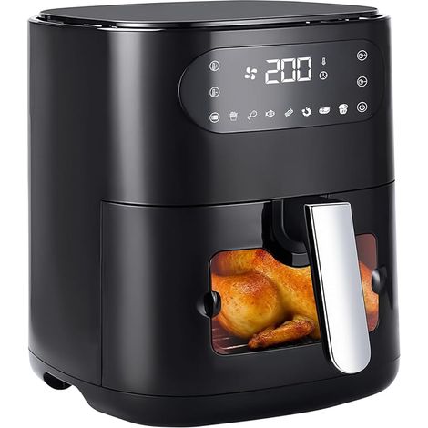 GBLY Friggitrice Ad Aria Calda 6L Cestino Singolo Finestra Visiva 7 Programmi 11 Funzioni Silenziosa Facile Da Pulire Timer Touchscreen 10 x Carta Da Forno Cucina Famigliare Nero