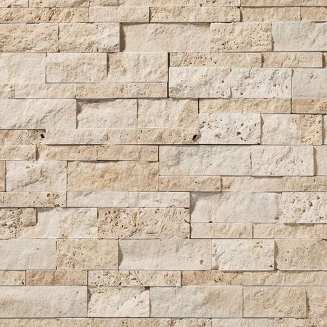 Parement en travertin brut beige – Dimensions 60x15x1,5-2,5 cm – Surface 0,09 m² par plaque – Pour murs intérieurs et extérieurs