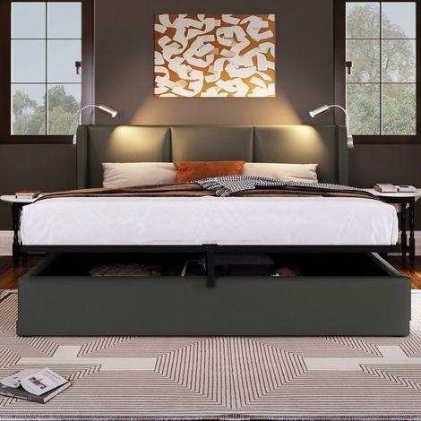 Lit double 180 x 200 cm avec coffre de rangement, éclairage LED, 2 ports USB, vérin hydraulique, revêtement PU gris (1/5)
