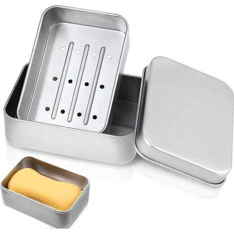 Porte-savon en aluminium 9,6 x 6,8 x 3 cm avec couvercle et système de drainage, amovible, pour salle de bain et douche, argent (1/5)