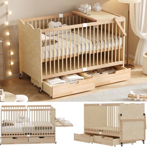 Lit bébé mobile et multifonctionnel, réglable en hauteur sur 4 positions, avec tiroirs, en bois massif, avec étagère/table à langer, en pin, couleur bois naturel, 70 x 140 x 94,5 cm (1/5)
