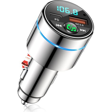 Bluetooth 5.3 FM-Transmitter, Bluetooth-Autoladegerät ganz aus Metall, PD 30 W Typ C+ QC3.0 Schnellladegerät fürs Auto, mit Geräuschunterdrückung für Freisprechanrufe, HiFi-Musik, Ringlicht