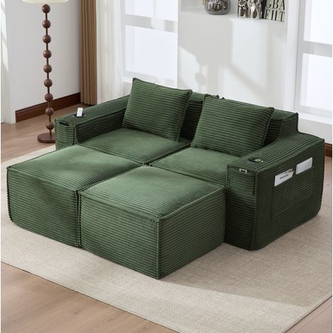 Divano modulare 2 posti in velluto a coste verde con 2 pouf, portabicchieri e tasche OKWISH (1/5)