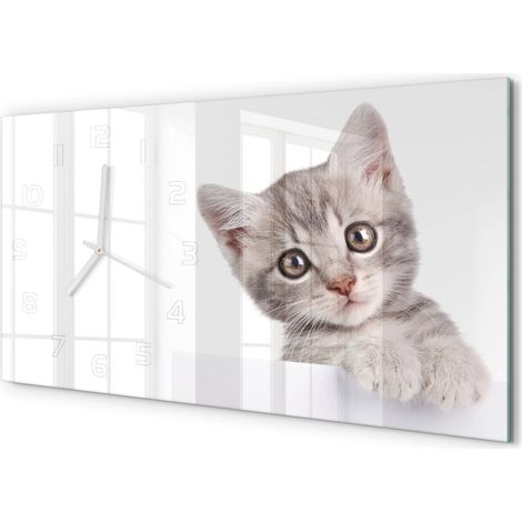 Horloge Murale Horizontale Design 60x30 cm Verre Silencieuse Déco Maison Chat gris (1/5)