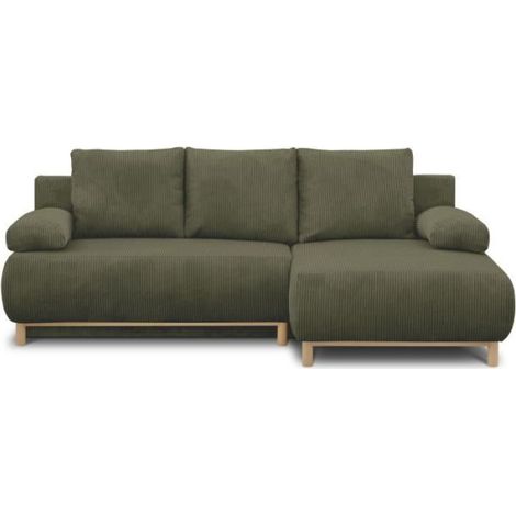Canapé d'angle droit convertible - 3 places - MIKA - Tissu velours côtelé vert kaki - Coffre de rangement - 192 x 84 x 93 cm (1/5)
