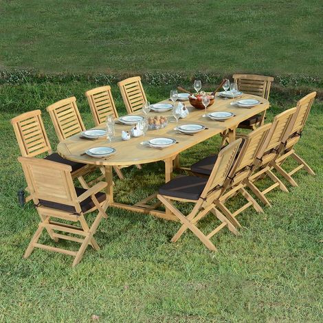 Teck'Attitude – Ensemble table ovale extensible en teck massif 10 places – 2 rallonges papillon – 8 chaises et 2 fauteuils pliants – Résistant aux intempéries (1/5)