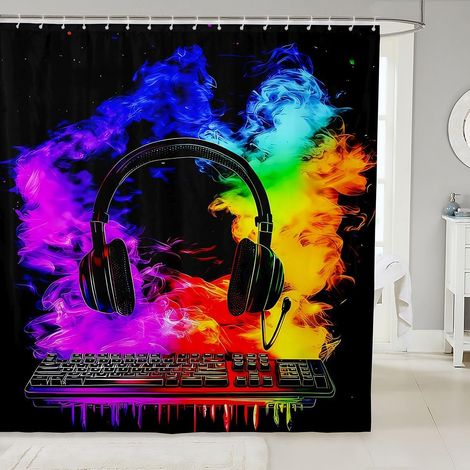Rideau Douche 180x210cm Clavier de Jeu Rideaux de Douche Casque de Jeu Rideau de Baignoire Aquarelle Fumée Feu Rideaux Salle de Bain Casque de Gamer - 180L X 210H cm (1 Panneaux) (1/5)