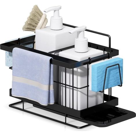 Organisateur Evier Cuisine, Rangement Mural pour Eponge, Brosse, Liquide Vaisselle, Porte Eponge Mural en Acier Inoxydable Noir-20 x 16 x 14 cm (1/5)
