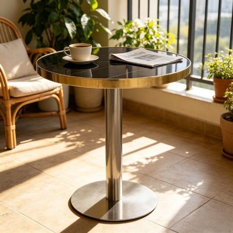 Table de salle à manger ronde - 60x60x74cm - Style bistrot chic aspect marbre et pied central - Noir et Or (1/5)