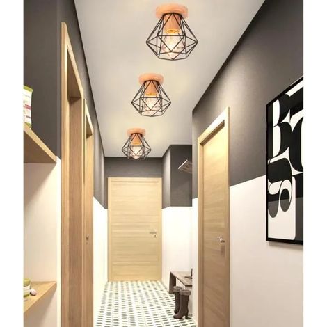 Lot de 3 Plafonnier Industrielle Couloir Noir,Lampe Plafonnier Vintage Cage Designe Simple Style Edison pour Salon Chambre (1/4)