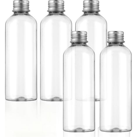 Set di 5 flaconi da viaggio da 100 ml per articoli da toeletta, vuoti, in plastica a prova di perdite con tappo a vite argentato, accessori da viaggio essenziali per shampoo e balsamo