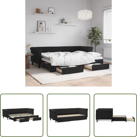 vidaXL Lit gigogne - Lit de jour avec gigogne et tiroirs sans matelas noir 80x200 cm (1/5)