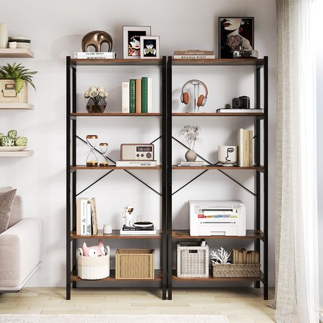 Bibliothèque à 5 Niveaux Hauteur 161 CM Étagère Autoportante avec Cadre en Métal et Doubles Kits Anti-Basculement Brun Rustique & Noir (1/3)