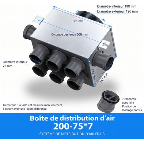 Caisson de distribution d'air métallique VMC n° 15 entrée 200 vers 7 sorties 75 15 200 7 pièces75 24,3 × 36,1 × 24,2 cm 3 kg – Livraison gratuite