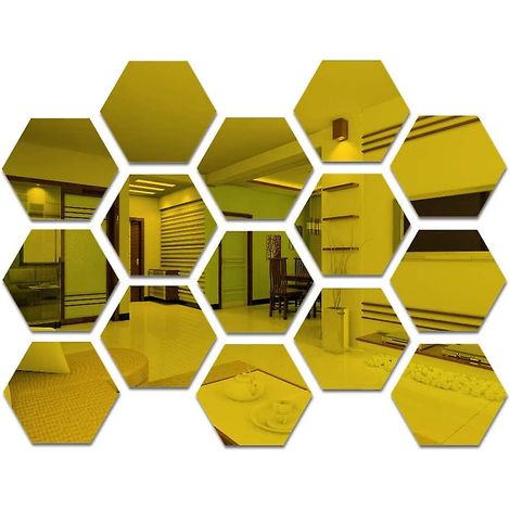 Ensemble de 15 miroirs muraux hexagonaux dorés en acrylique - Carreaux de miroir autocollants de 9 cm pour la décoration de la chambre et du salon (1/5)