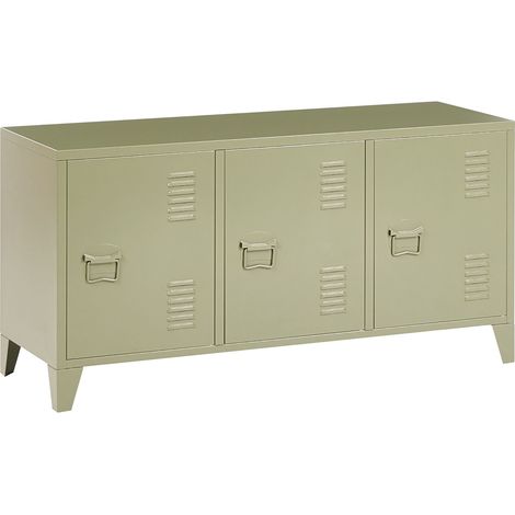 3 Door Sideboard Green Steel Adjustable Shelves Ventilation Slots Leg Caps Cable Management TV Stand Home Office Furniture Industrial Design CARDIFF (1/5)