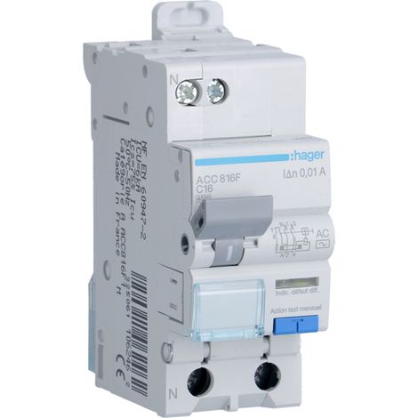 Disjoncteur différentiel 1P+N 4.5-6kA courbe C 16A 10mA type AC - HAGER - ACC816F (1/4)
