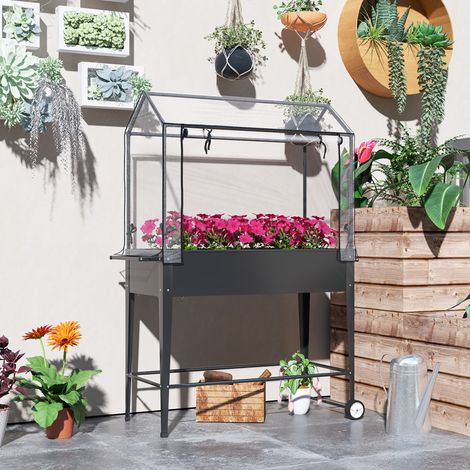 Carré potager sur pieds avec bâche en PVC jardinière surélevée avec roues trou de drainage 100 x 45 x 152 cm noir