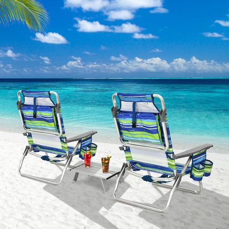 Lot de 2 Chaises de Camping Plage Pliante Table Enroulable en Aluminium Appui-tête Dossier Réglable à 5 Positions Bleu (1/2)