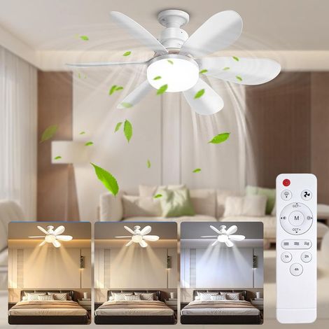 Ventilateur de Plafond avec Lumière et Telmmande, 52CM 40W Petit Dimmable Ventilateur Plafond LED avec Douille E27, 6 Pales,3 Vitesses,Timing (1/5)