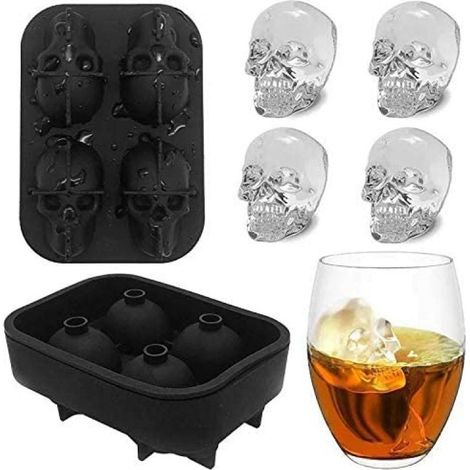 4 Gitter 3D Totenkopf Silikon Eiswürfelform,lustiger Eisschädel für Whiskey,Cocktails,Likör und Saft Getränke mit Mini-Trichter (1/5)