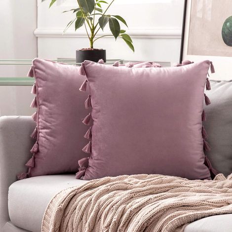 Lot de 2 Housses de Coussin à Franges Décoartives Solides en Velour Doux Taies d’Oreiller Style Européen Carrée Décor pour Salon Bureau Chambre 45 x 45 cm 18 x 18 Pouces(violet) (1/2)
