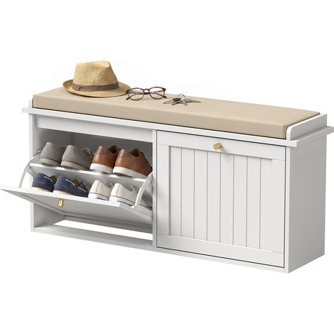HOMCOM Panca Portascarpe con Cuscino, 2 Cassetti Ribaltabili, Bianco (1/5)
