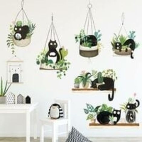 Plantes en Pot Vertes Cactus Sticker Mural Mignon Chat Noir Autocollants, Sticker Mural Bricolage Muraux Tropicaux Plante, Nature Fleurs Stickers muraux Papier Peint décoration (1/5)