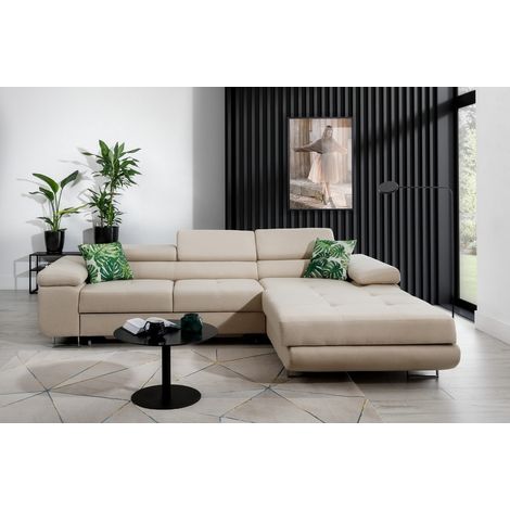 Canapé d'angle convertible ARMEL en tissu luxe 5 places, beige, avec coffre, angle droit (vu de face) (1/5)