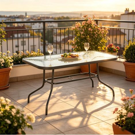 Mesa de jardín 120x80x70 cm gris, metal y cristal templado con orificio para parasol (1/5)