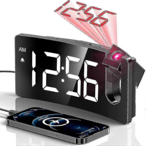 Ce réveil à projection fonctionnel est doté d'une horloge numérique avec un projecteur rotatif à 180°, de 3 niveaux de réglage de la luminosité et de chiffres blancs avec une projection rouge.