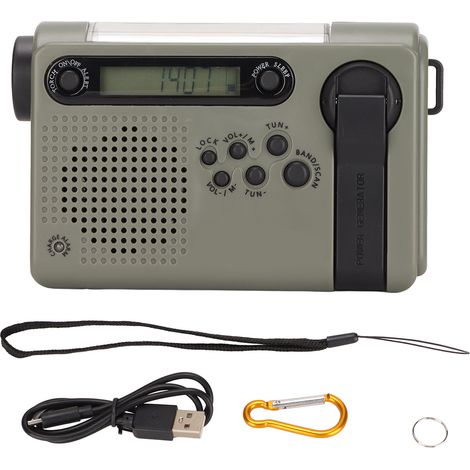 Radio d'urgence portable SOS aléarme noir vert FM AM SW batterie solaire rechargeable grande capacité mémoire bande complète (1/5)